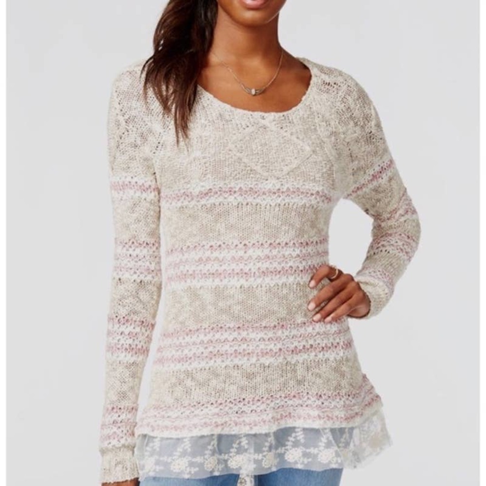 American Rag Casual Open Knit Lace Trim Hem Oatmeal Top Sweater Size Large